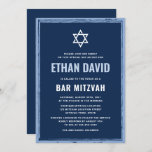 Dark blue bar mitzvah invitation with rough border<br><div class="desc">Modern,  dark blue bar mitzvah invitation with a lighter blue,  rough border. You can change the font colors with the design tool. Above the invite text is a white Star of David. For more products,  custom requests,  sales,  news and more,  please follow us on Facebook: @chaistationery</div>