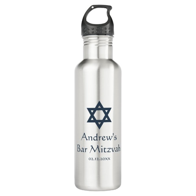 Dark Blue Bar Mitzvah Personalized Water Bottle (Front)