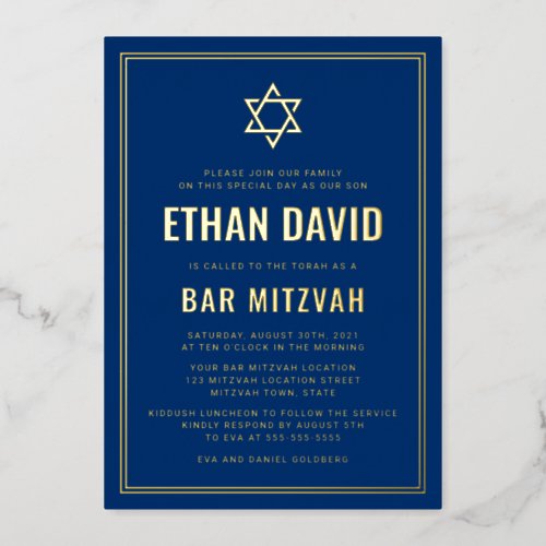 Dark blue bar mitzvah Star of David gold or silver Foil Invitation