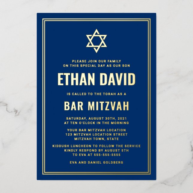 Dark blue bar mitzvah Star of David gold or silver Foil Invitation (Front)