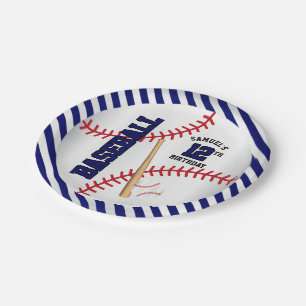 Dark Blue Baseball Birthday Design Personalize Paper Plates