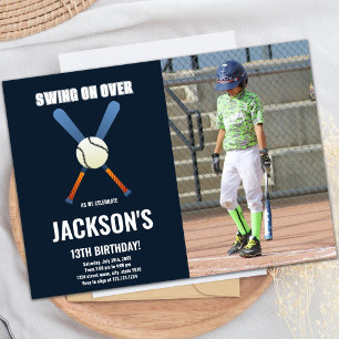 Dark Blue Baseball Birthday Invitation with Photo