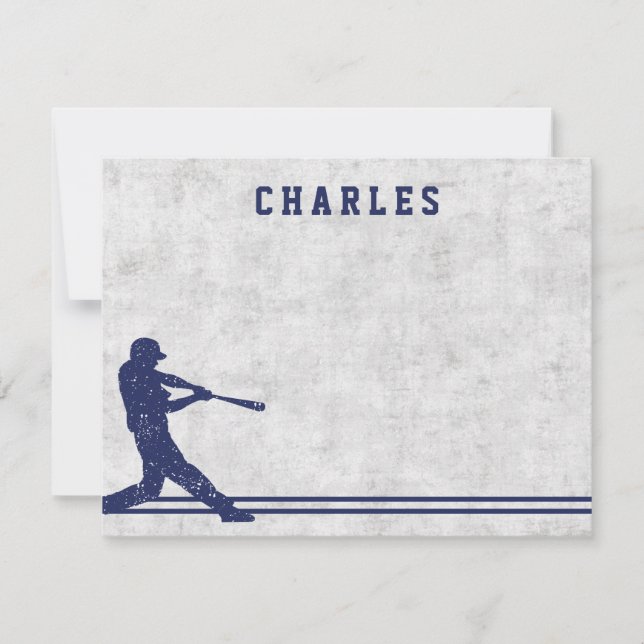 Dark blue baseball silhouette personalized name note card (Front)