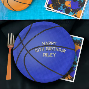 Dark Blue Basketball Happy Birthday Name Paper Plates