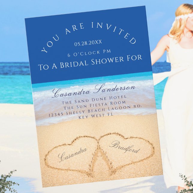 Dark Blue Beach 2 Hearts in Sand Bridal Shower Inv Invitation (Creator Uploaded)