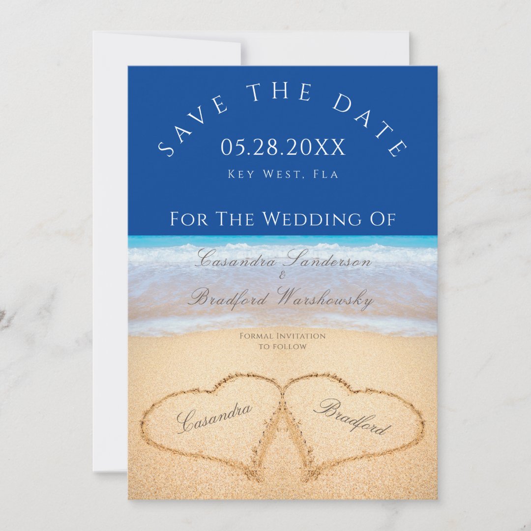 Dark Blue Beach 2 Hearts in the Sand wedding Invitation | Zazzle