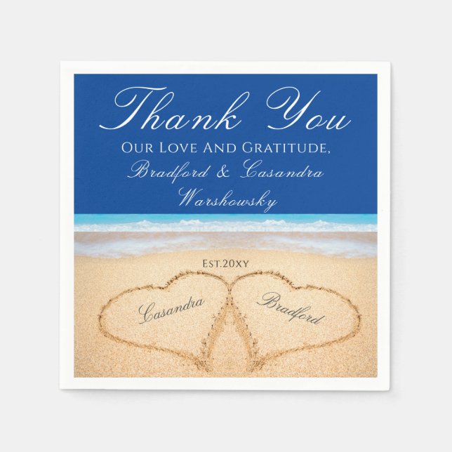 Dark Blue Beach 2 Hearts in the Sand  Wedding Napkins (Front)