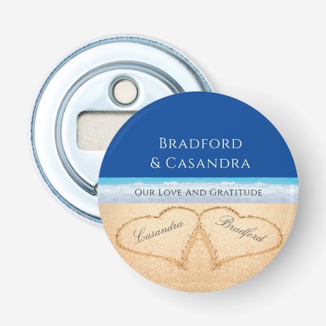 Dark Blue Beach Wedding 2 Hearts in the Sand Bottle Opener (Front)