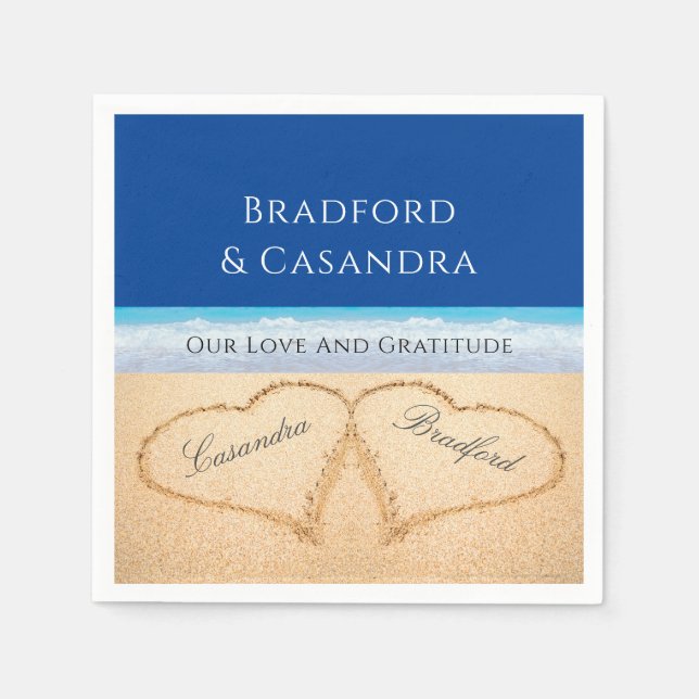 Dark Blue Beach Wedding 2 Hearts in the Sand  Napkins (Front)