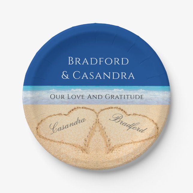 Dark Blue Beach Wedding 2 Hearts in the Sand  Pape Paper Plates (Front)