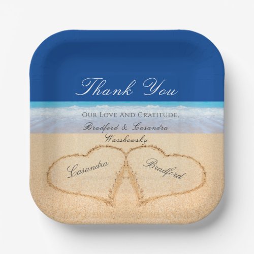 Dark Blue Beach Wedding 2 Hearts in the Sand  Paper Plates