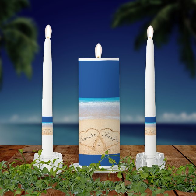 Dark Blue Beach Wedding 2 Hearts in the Sand Unity Candle Set (Creator Uploaded)