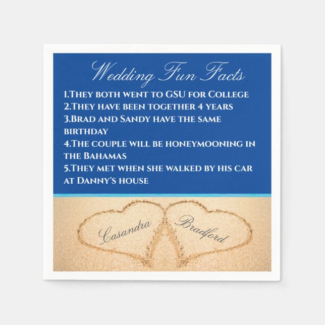 Dark Blue Beach Wedding 2 Hearts Sand Fun Facts Napkins (Front)