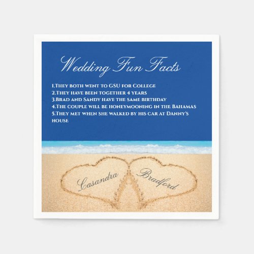Dark Blue Beach Wedding 2 Hearts Sand Fun Facts Napkins