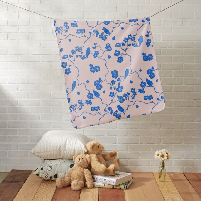 Dark Blue Bird Print on Blush Pink  Baby Blanket (In Situ)