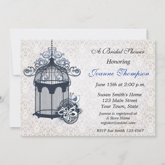 Dark Blue Birdcage, Damask Invitation (Front)