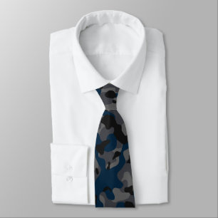 Dark Blue, Black, and Gray Camouflage Pattern Neck Tie