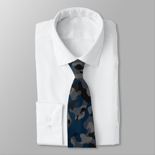 Dark Blue, Black, and Gray Camouflage Pattern Neck Tie (Tied)