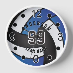 Dark Blue, Black and White Volleyball  Large Clock