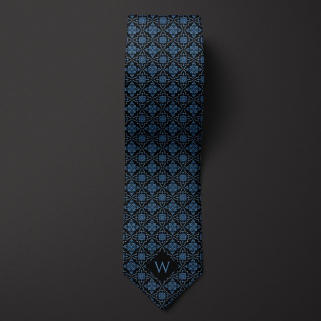 Dark Blue & Black Arabesque Monogram Neck Tie (Creator Uploaded)