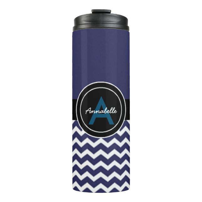 Dark Blue Black Chevron Thermal Tumbler (Front)