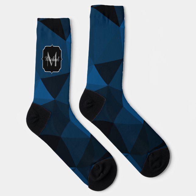 Dark blue black geometric mesh pattern Monogram Socks (Right)