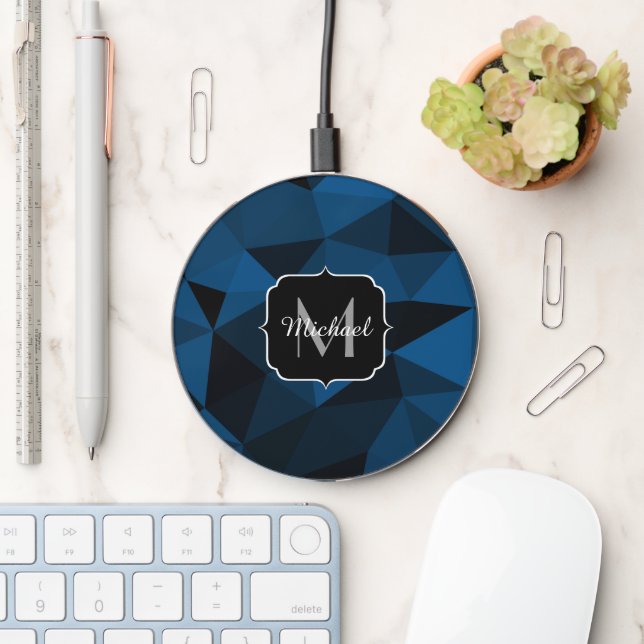Dark blue black geometric mesh pattern Monogram Wireless Charger (Desk)