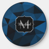 Dark blue black geometric mesh pattern Monogram Wireless Charger (Front)