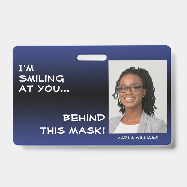 Dark Blue & Black Ombre Smiling Hello Behind Mask Badge (Front)