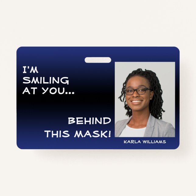 Dark Blue & Black Ombre Smiling Hello Behind Mask Badge (Front)