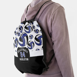 Dark Blue, Black & White Volleyball  Drawstring Bag