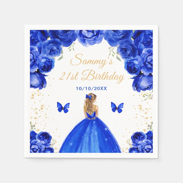 Dark Blue Blonde Hair Princess Birthday Party Napkins (Front)