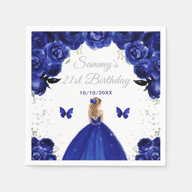 Dark Blue Blonde Hair Princess Birthday Party Napkins (Front)