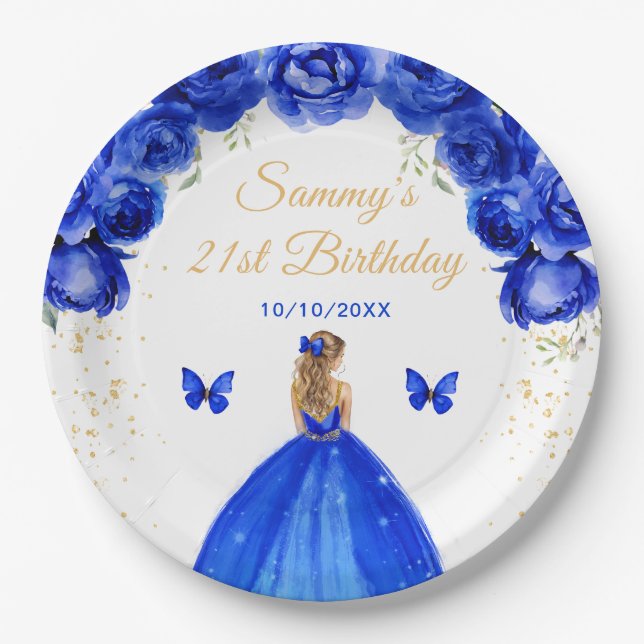 Dark Blue Blonde Hair Princess Birthday Party Paper Plates (Front)