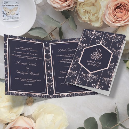 Dark Blue Blush Pink Chandeliers Muslim Wedding Invitation