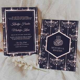 Dark Blue Blush Pink Chandeliers Muslim Wedding Invitation