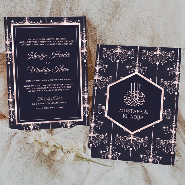  Dark Blue Blush Pink Chandeliers Muslim Wedding Invitation (Creator Uploaded)