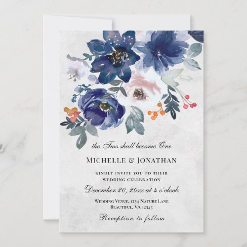 Dark Blue Blush Pink Floral Christian Wedding Invitation