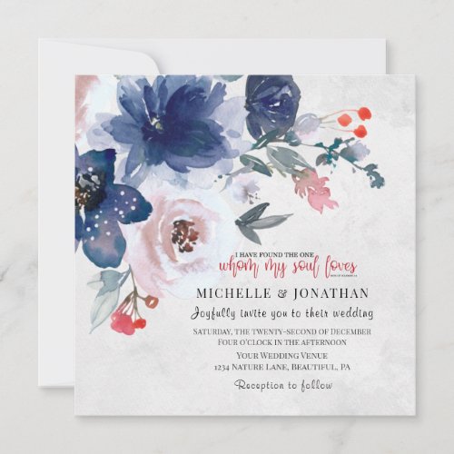 Dark Blue Blush Pink Floral Christian Wedding Invitation