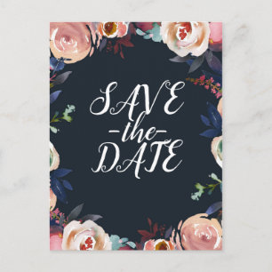 Dark Blue & Blush Pink Pastel Floral Save the Date Announcement Postcard