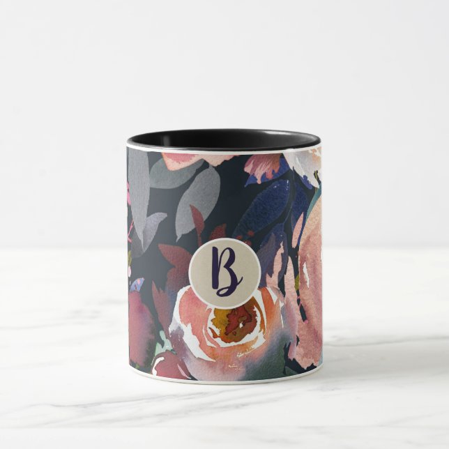 Dark Blue & Blush Pink Watercolor Floral Chic Mug (Center)