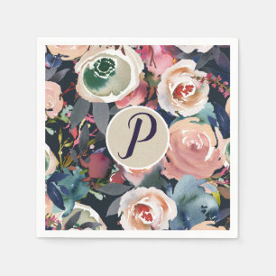Dark Blue & Blush Pink Watercolor Floral Wedding  Paper Napkins