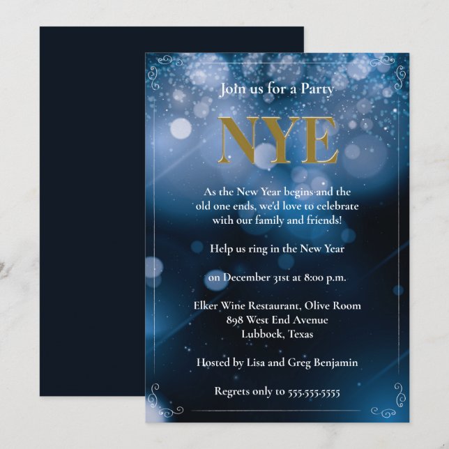Dark Blue Bohek Lights New Years Eve Party Invitation (Front/Back)