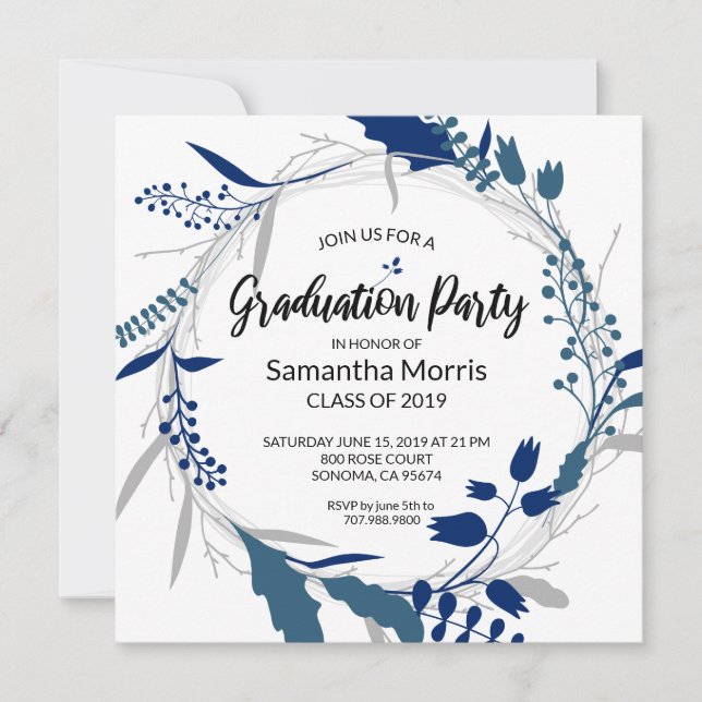 Dark Blue Boho Floral Wreath Graduation Party Invitation (Front)