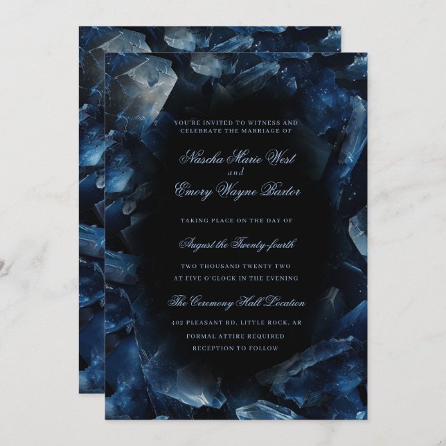 Dark Blue Boho Witch Crystals Black Wedding Invitation (Front/Back)