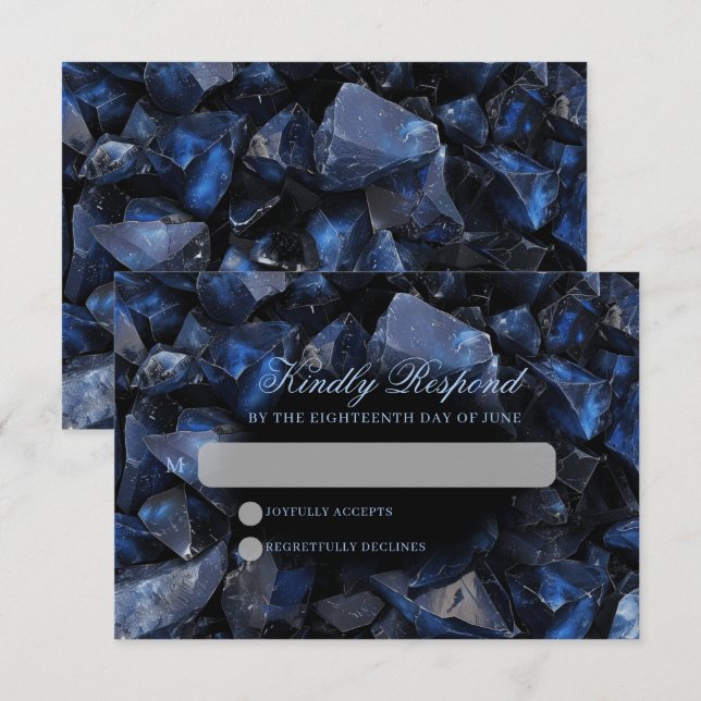 Dark Blue Boho Witch Crystals Black Wedding RSVP Card (Front/Back)