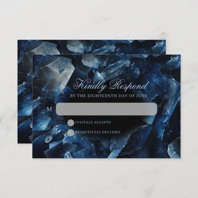 Dark Blue Boho Witch Crystals Black Wedding RSVP Card (Front/Back)