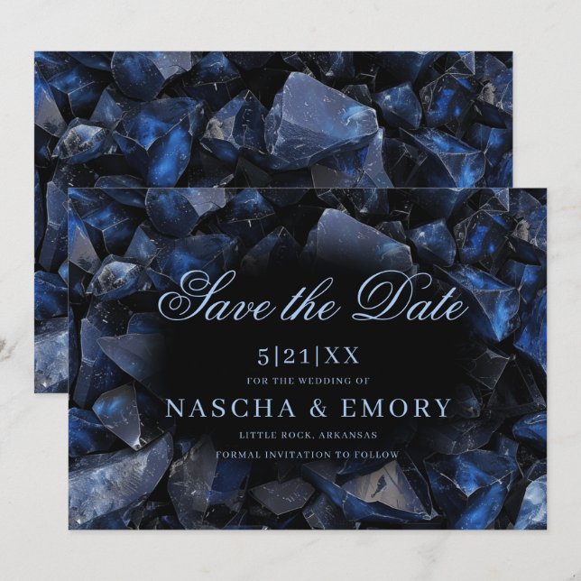 Dark Blue Boho Witch Crystals Black Wedding Save The Date (Front/Back)