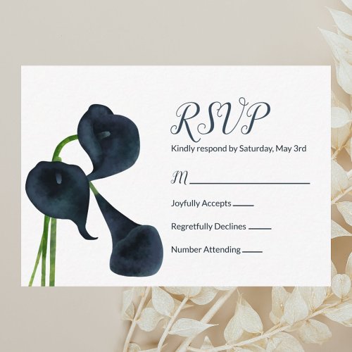 Dark Blue Botanical Calla Lilies Wedding RSVP Advice Card