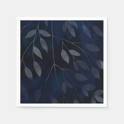 Dark Blue Botanical Leaves Modern Chic Wedding Napkins